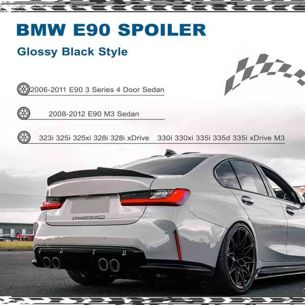 BMW M4 Gloss Black Style Spoiler Wing 2008-2012 E90 M3, 2006-2011 E90 323i 325i 328i 335i