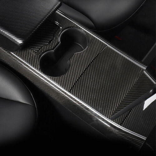 Fits Tesla Model 3 2017-2020 Gloss Carbon Fiber Center Console Cup Holder Panel Cover Decor Trim