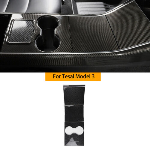 Fits Tesla Model 3 2017-2020 Gloss Carbon Fiber Center Console Cup Holder Panel Cover Decor Trim