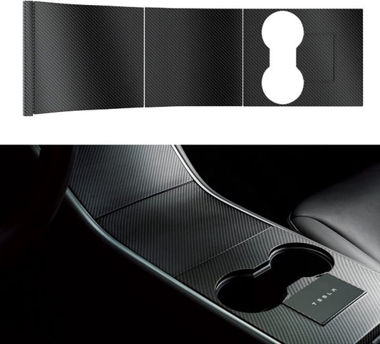 Fits Tesla Model 3 2017-2020 Matte Carbon Fiber Center Console Cup Panel Cover Decor Trim