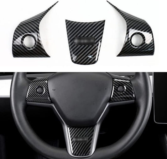 Tesla Model 3 Gloss Carbon Fiber ABS steering wheel patch Cover Trim 3PCS