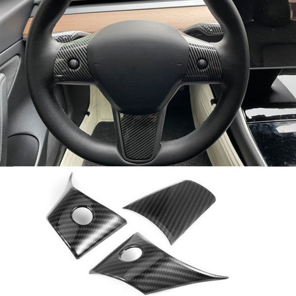 Tesla Model 3 Gloss Carbon Fiber ABS steering wheel patch Cover Trim 3PCS